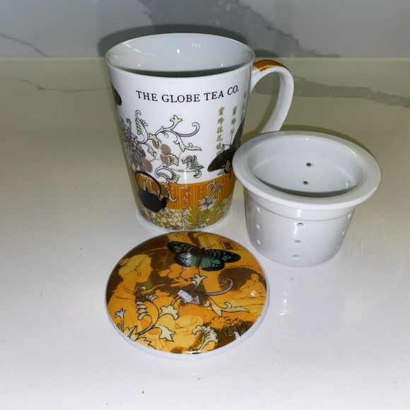 Globe Tea Co. Single Tea Cup Mug W/ Infuser & Lid 10 Oz Porcelain Paula Scaletta - Picture 8 of 11